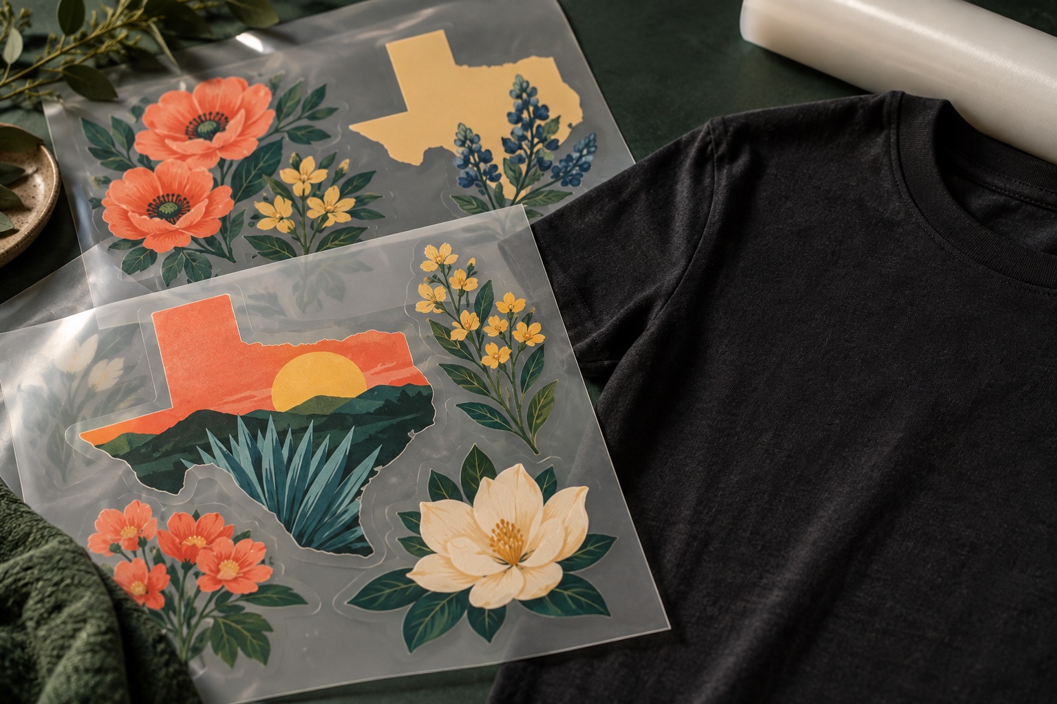 Illustrative arrangement of colorful transfer artwork and a blank shirt
